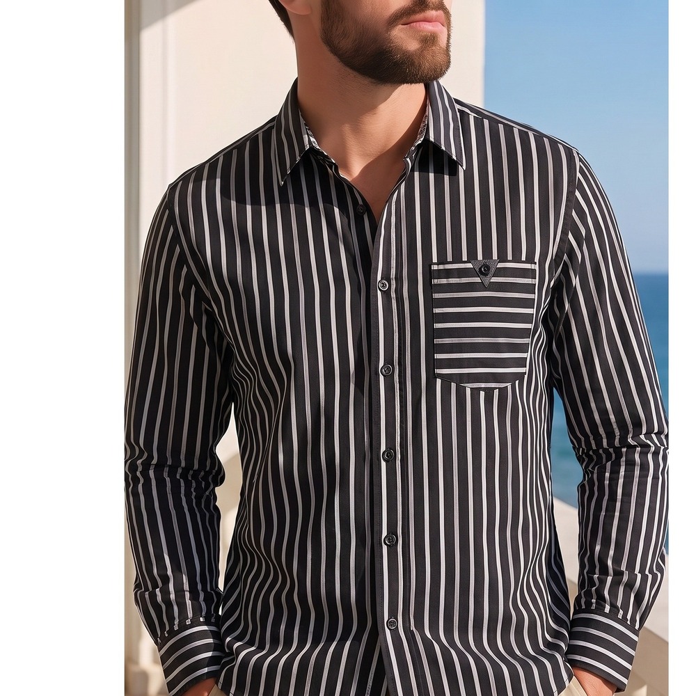 English Laundry Blaque Label Striped Button Down Shirt Size M Black Grey Cotton